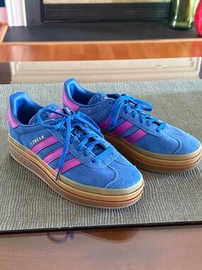 Adidas Gazelle Bold Lucid Blue Suede Sneakers with Lucid Pink Stripes and Trim